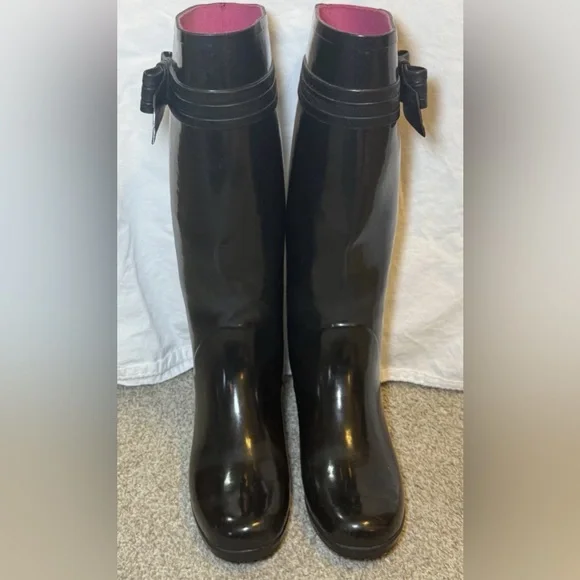 Kate Spade Women's Sz 9 Randi Black Gloss Rubber Heeled Knee High Rain Boots - Picture 4 of 11